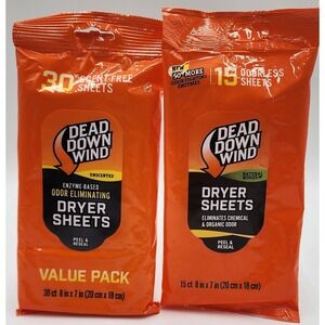 Dead Down Wind Dryer Sheets 30+ Count Bundle Unscented Natural Woods Hunting